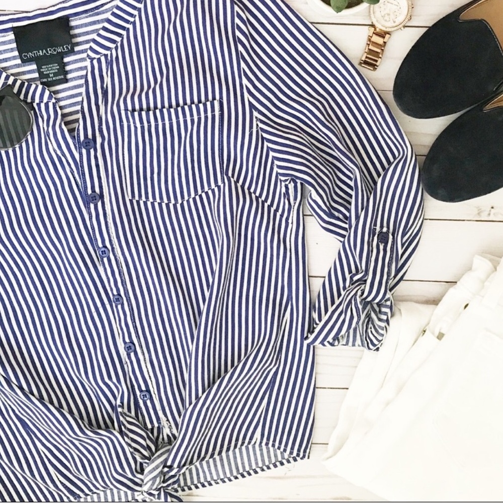 Cynthia Rowley Blue and White Striped Button Front Blouse